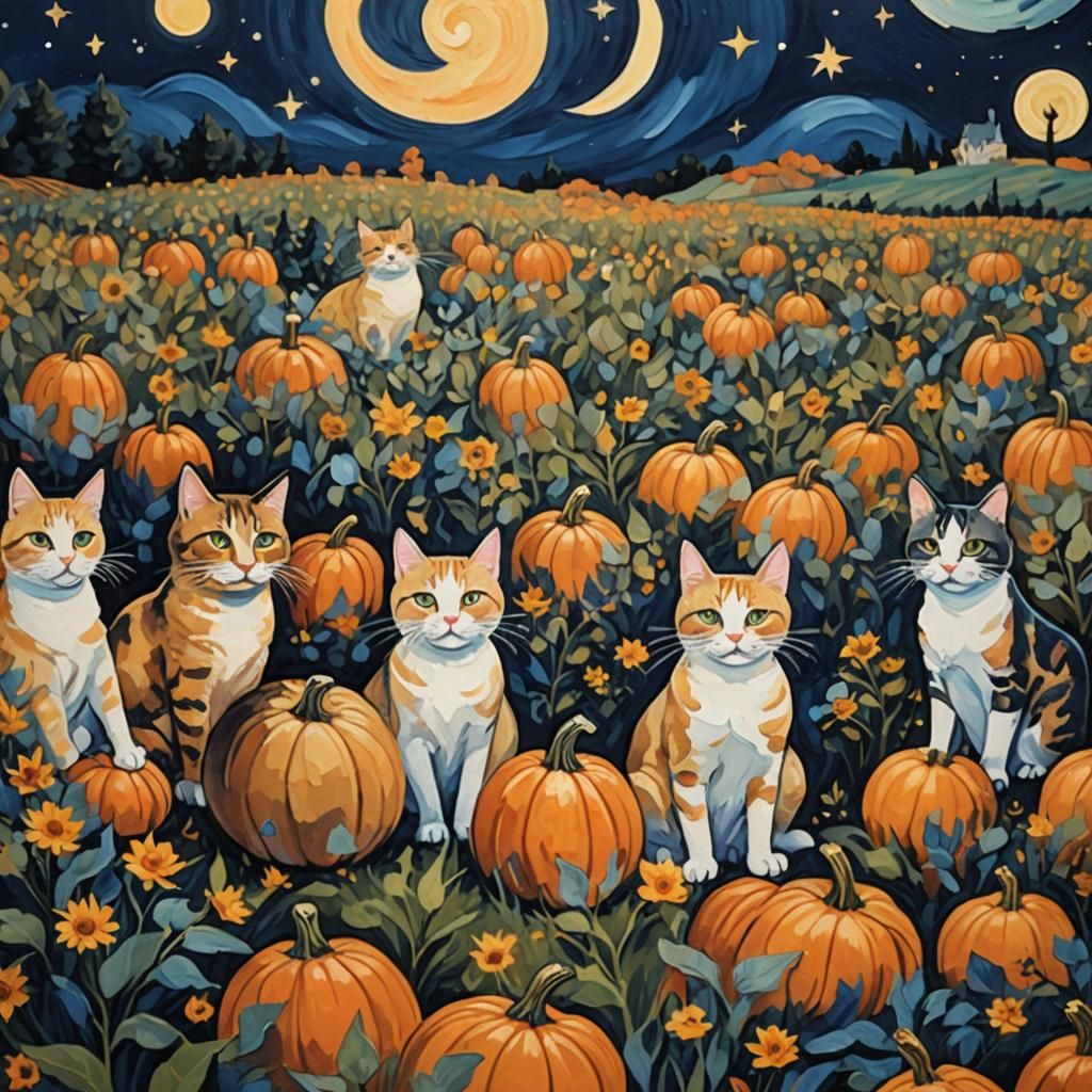Cats in Pumpkin Field Gouache Painting