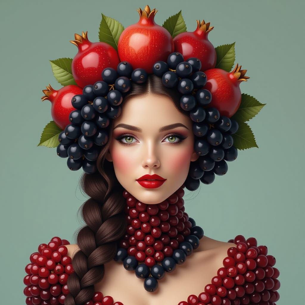 Fantasy Woman Made of Fruit Seeds and Grapes