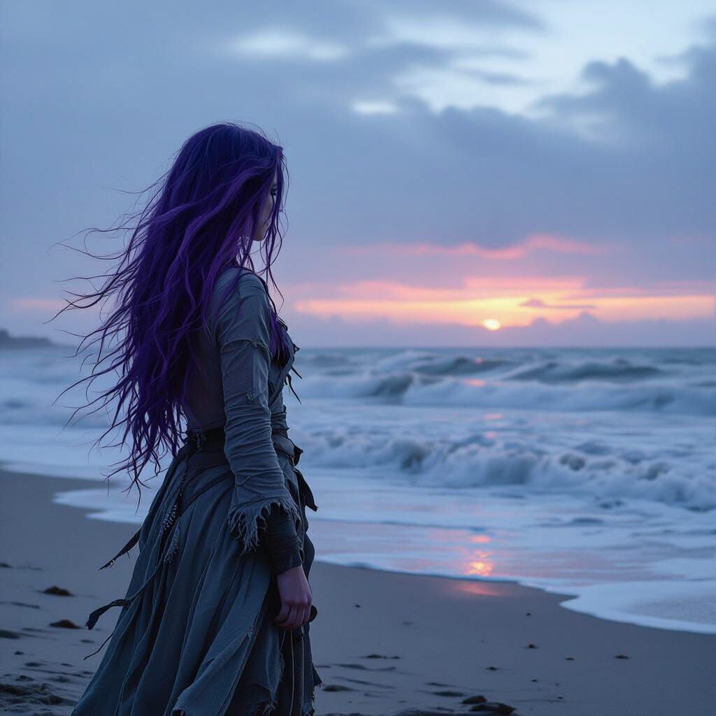 Twilight Beach: Lonely Figure in Trip-Hop Style