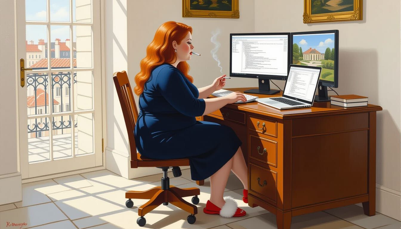 Woman at Desk in Style of Bonnard and Freud