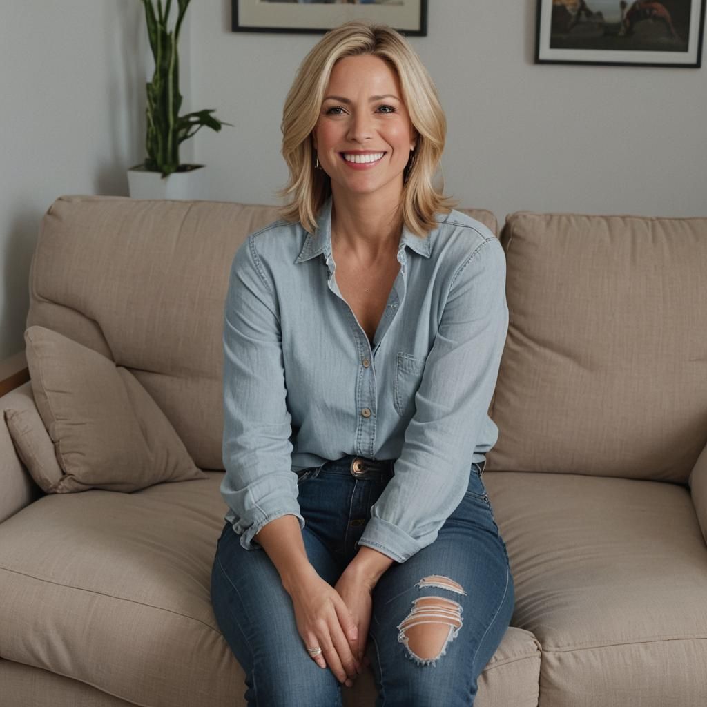 Petite Blonde Woman Undressing in Living Room