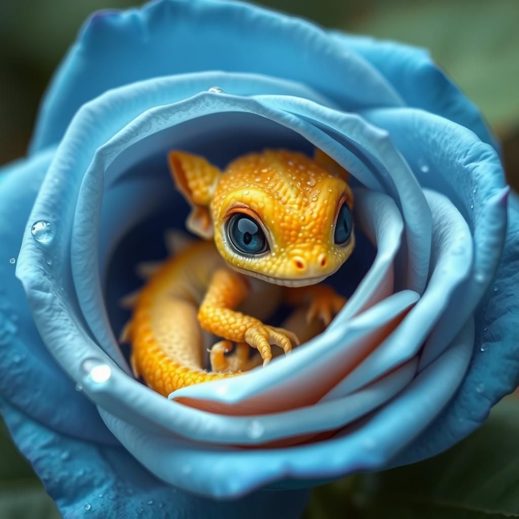 Baby Dragon in Blue Rose with Dew Drops