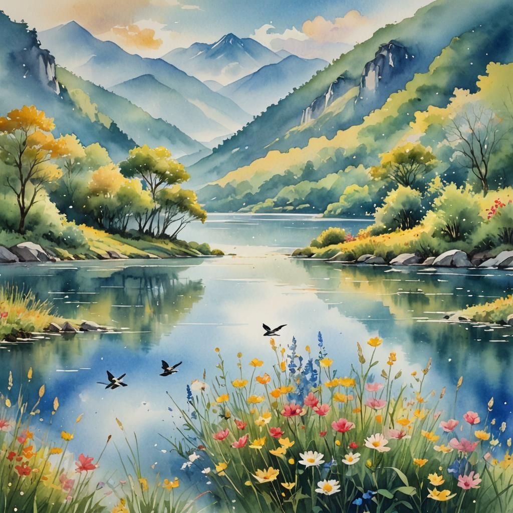 Lake Under Morning Light: Watercolor Landscape