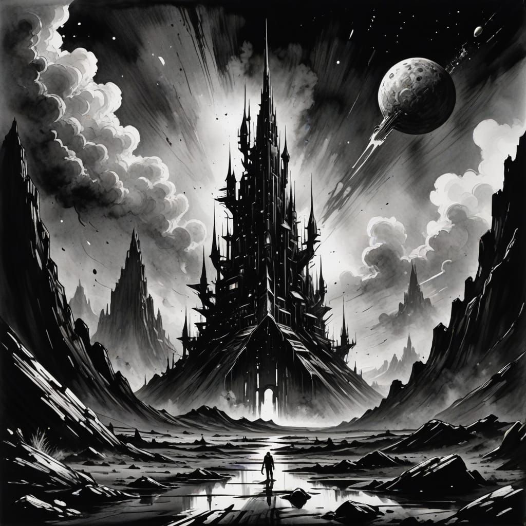 Otherworldly spade sci fi scene ink painting