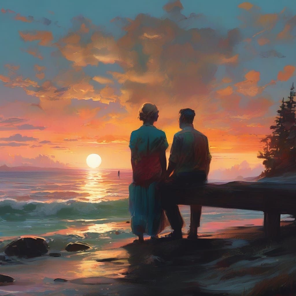 Romantic Sunset Couple in Dreamy Watercolor