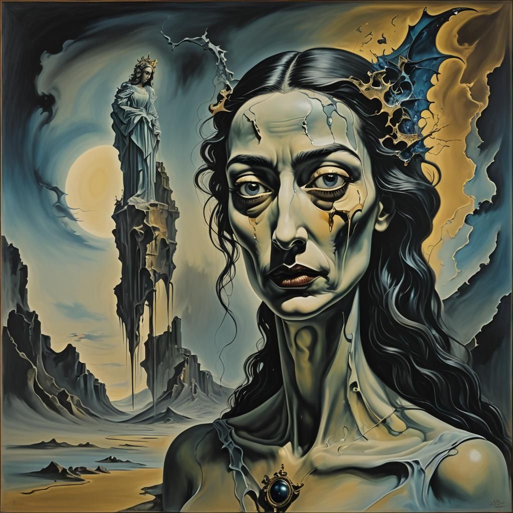 Surreal Woman's Dark Night, Dali-esque Oil Painting