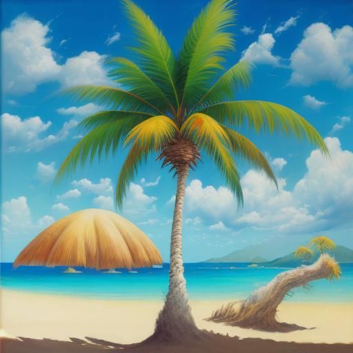 Palm Tree on Tropical Beach: Impressionist Oil Painting