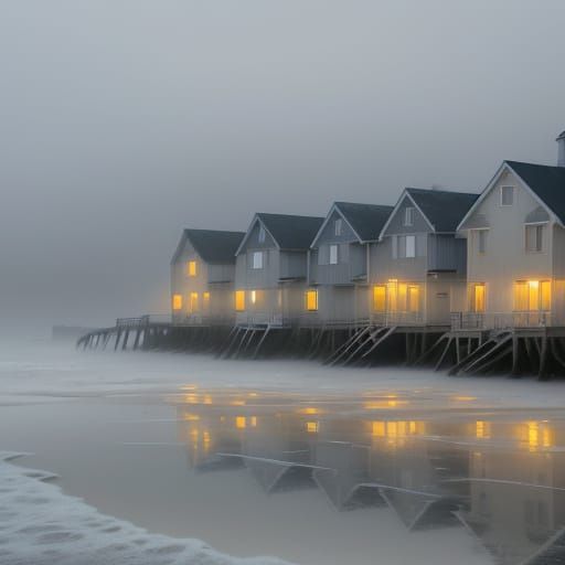 Impressionistic Seaside Cottages in Fog and Snow