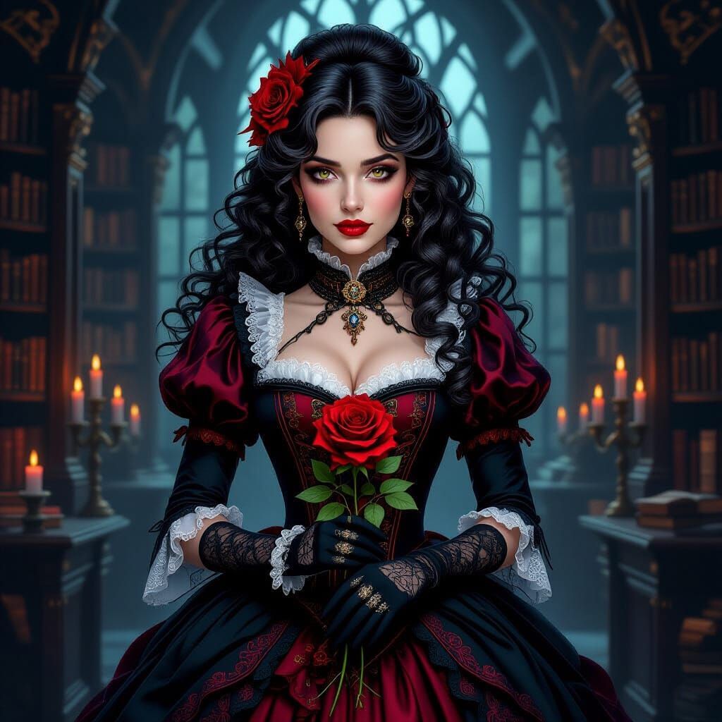 Gothic Belle in Victorian Dress Holding Scarlet Rose