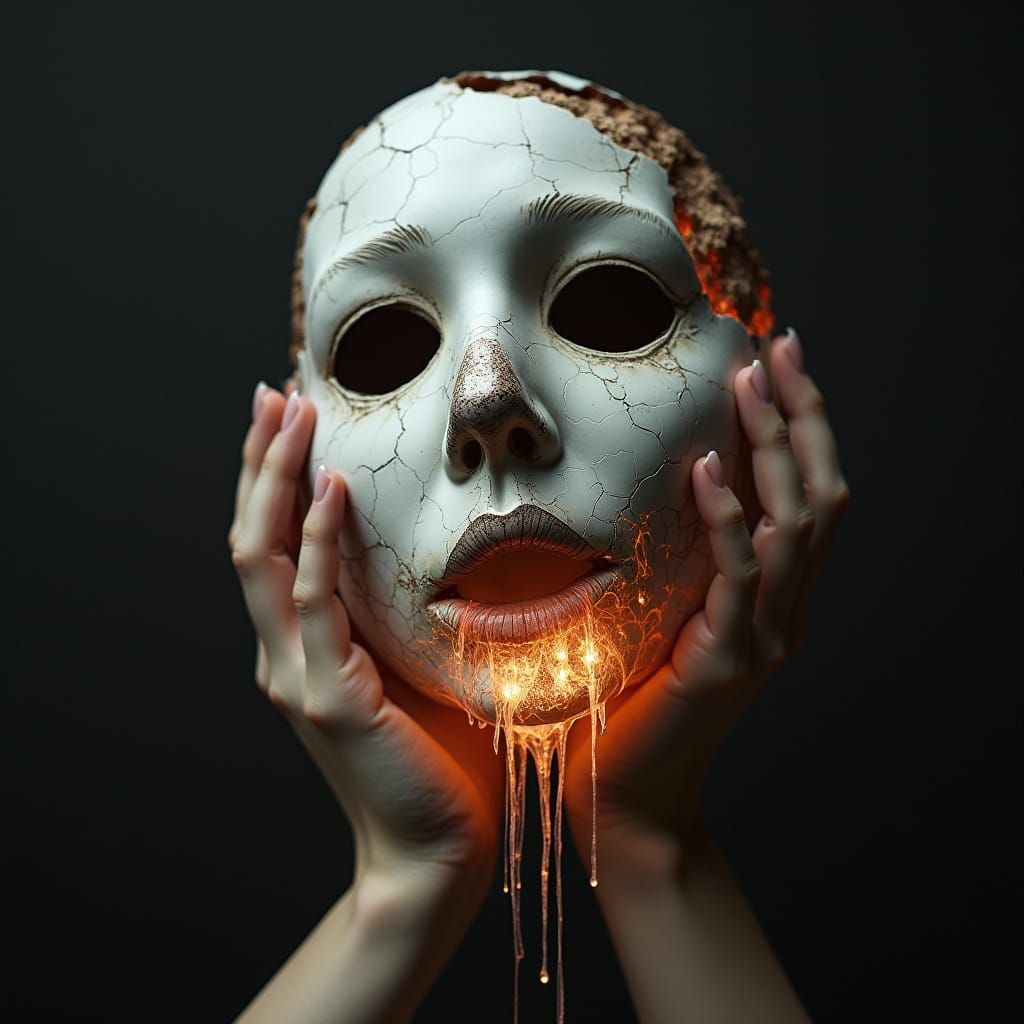 Surreal Porcelain Mask with Glowing Runes