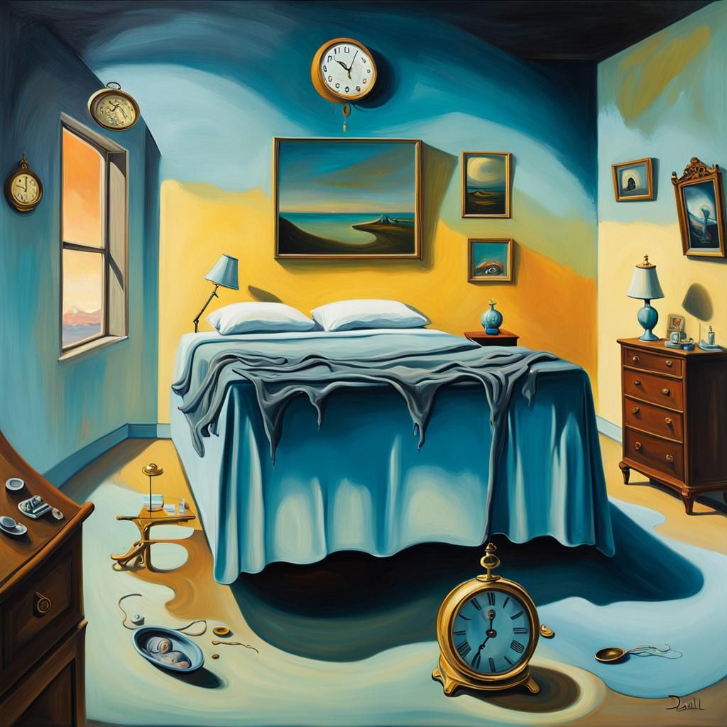 Surreal Bedroom with Hovering Bed in Oil on Canvas Style