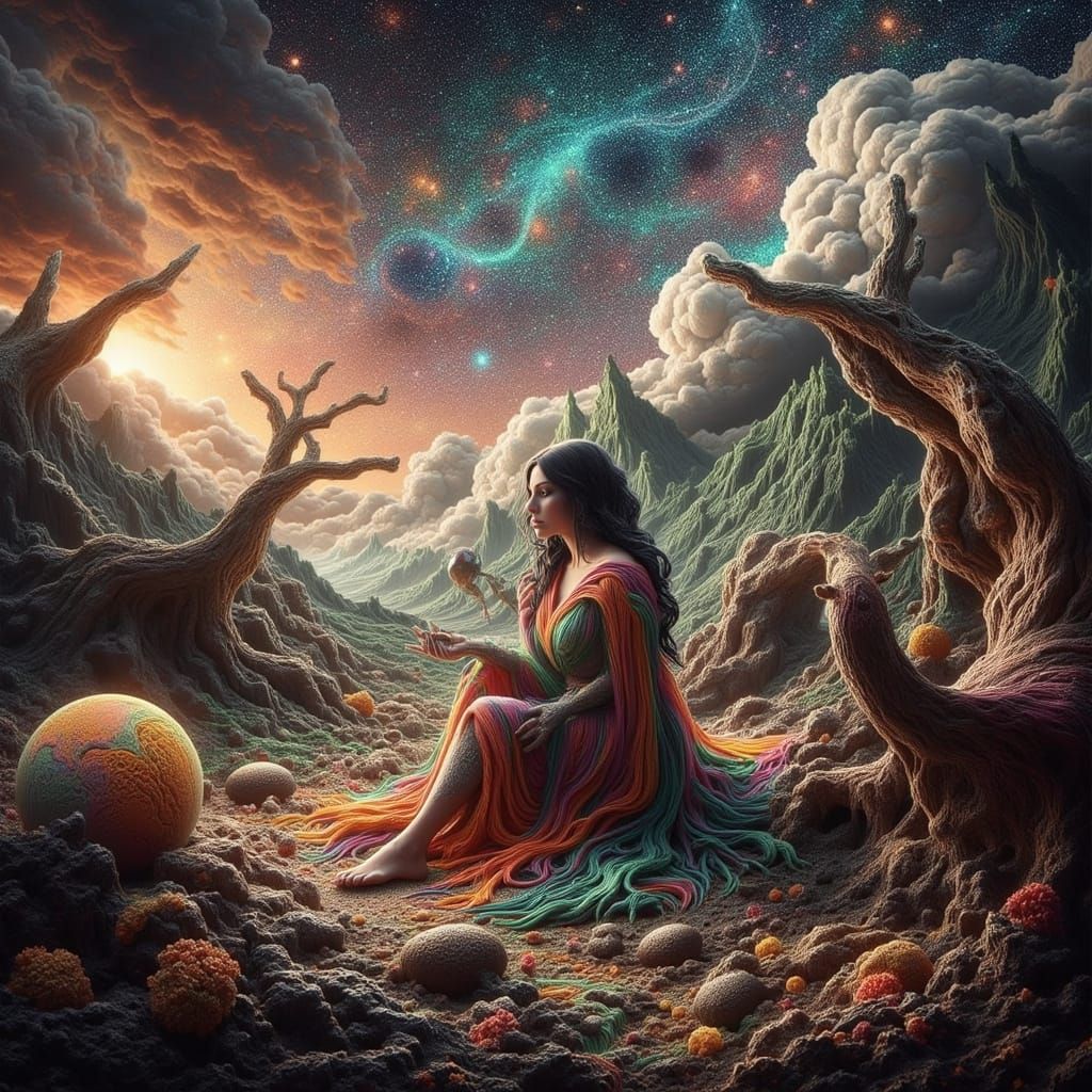 Woman in Dreamlike Dusk Landscape, Digital Art