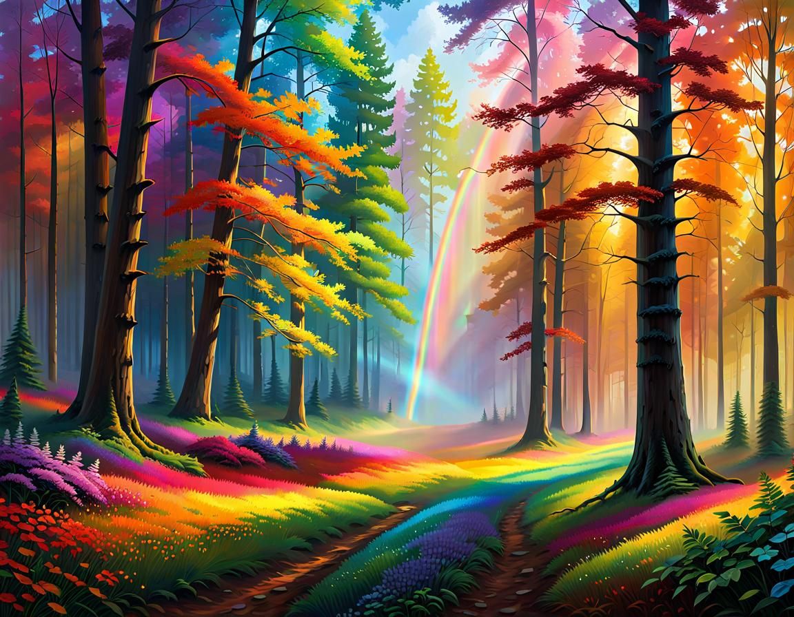 Rainbow Forest Landscape in Polychromatic Colors