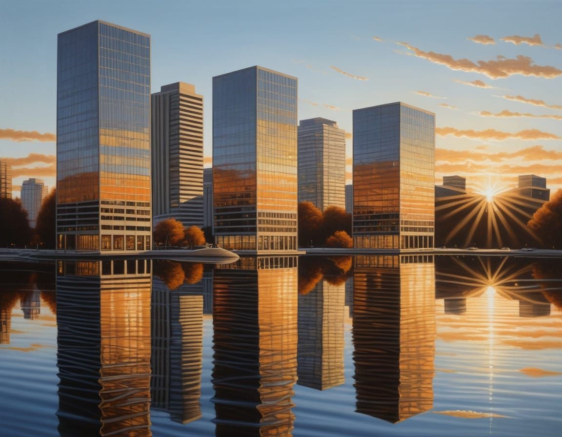 Glass Cityscapes Reflecting Sunset Serenity in Photorealisti...