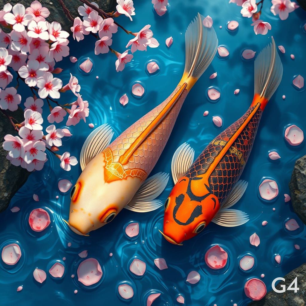 Japanese Koi Fish Swim Amidst Cherry Blossoms in Whimsical D...
