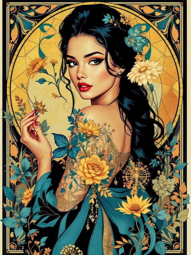 Elegant 50s Pin Up Goddess in Digital Watercolor