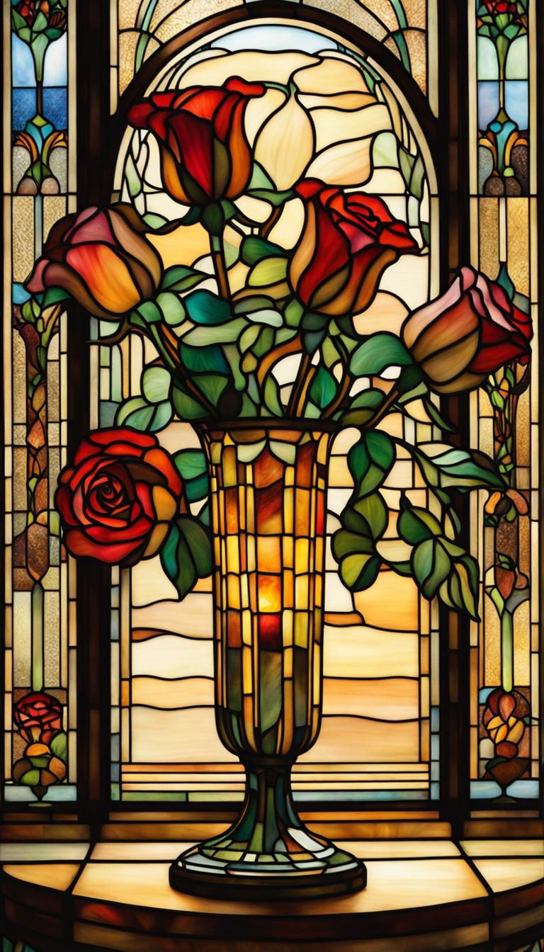 Art Nouveau Roses in Tiffany Stained Glass