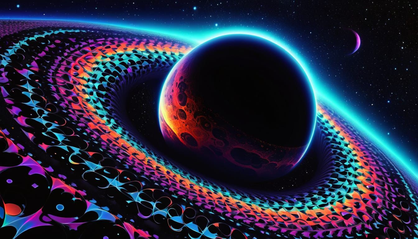 Eclipsed Moon in Psychedelic Cosmic Scene with Fractal Patte...