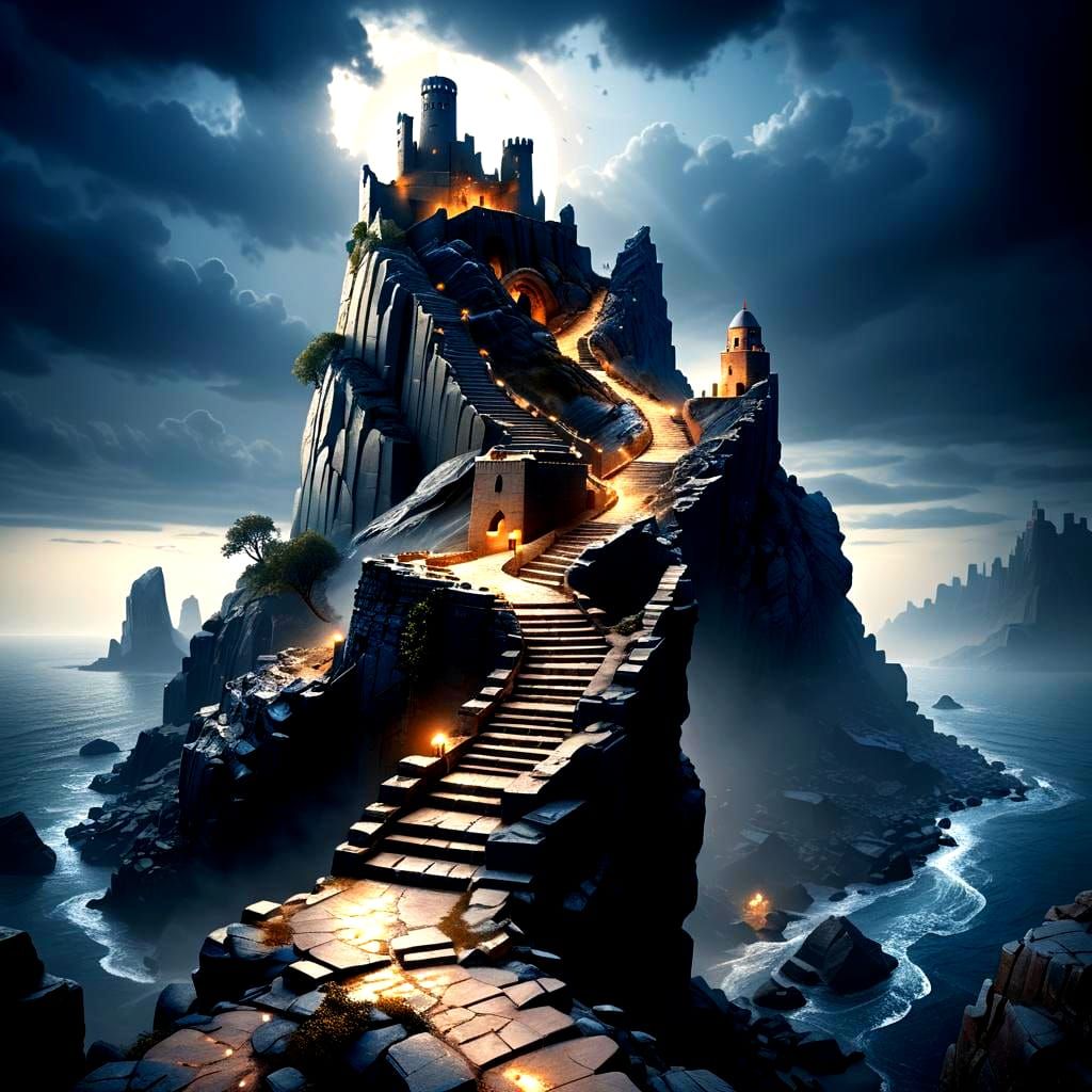 Fortress Island at Night: Hyperrealistic Digital Painting