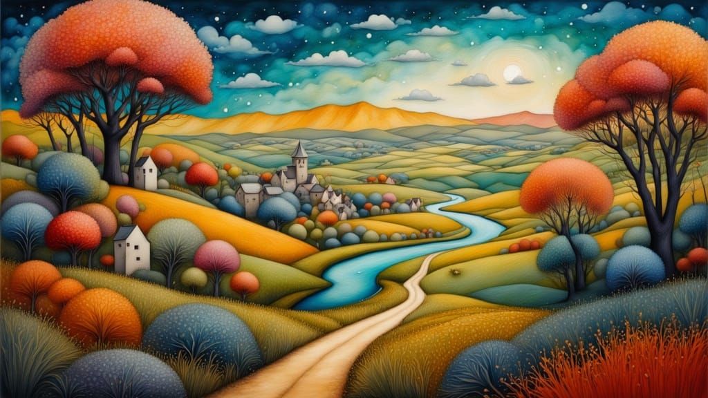 Miniature Village Landscape on Artist Palette