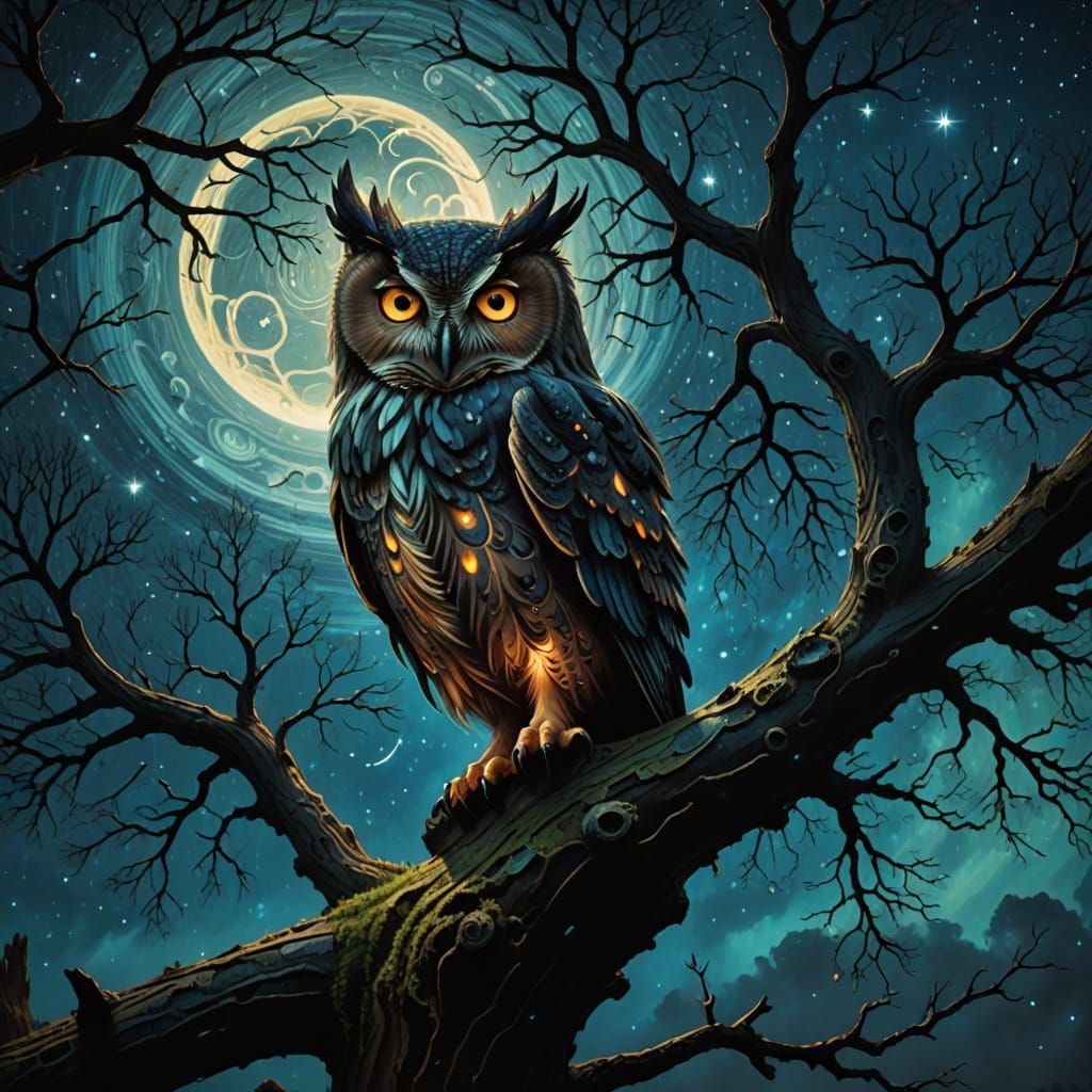 Spectral Owl with Constellation Feathers on Ancient Tree