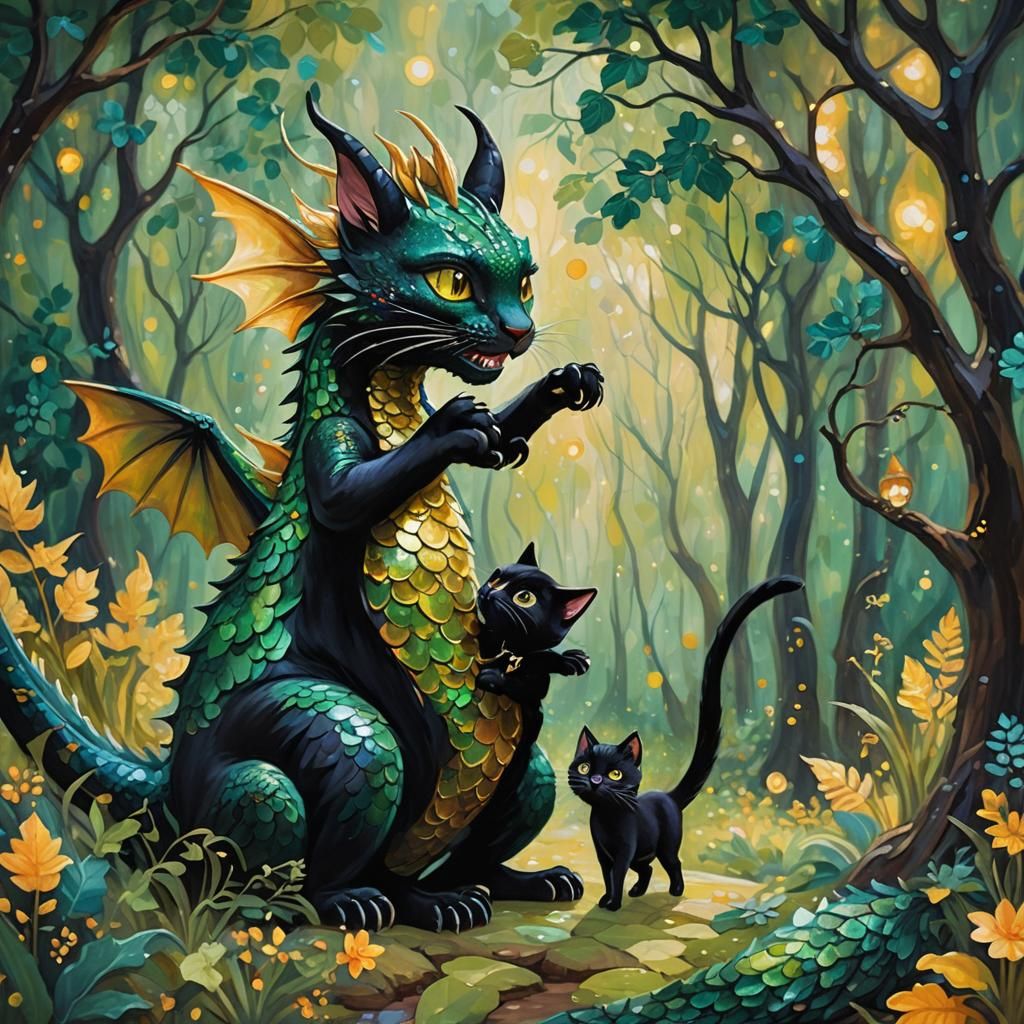 Dragon and Cat Dance in Klimt-Inspired Oil Painting