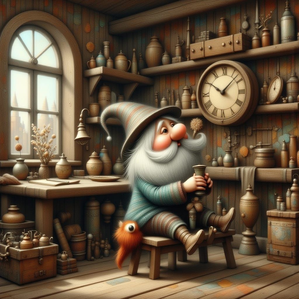 Gnome Clockmaker in Cozy Shop