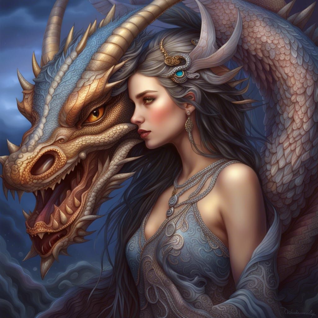 Woman Embraced by Dragon at Twilight