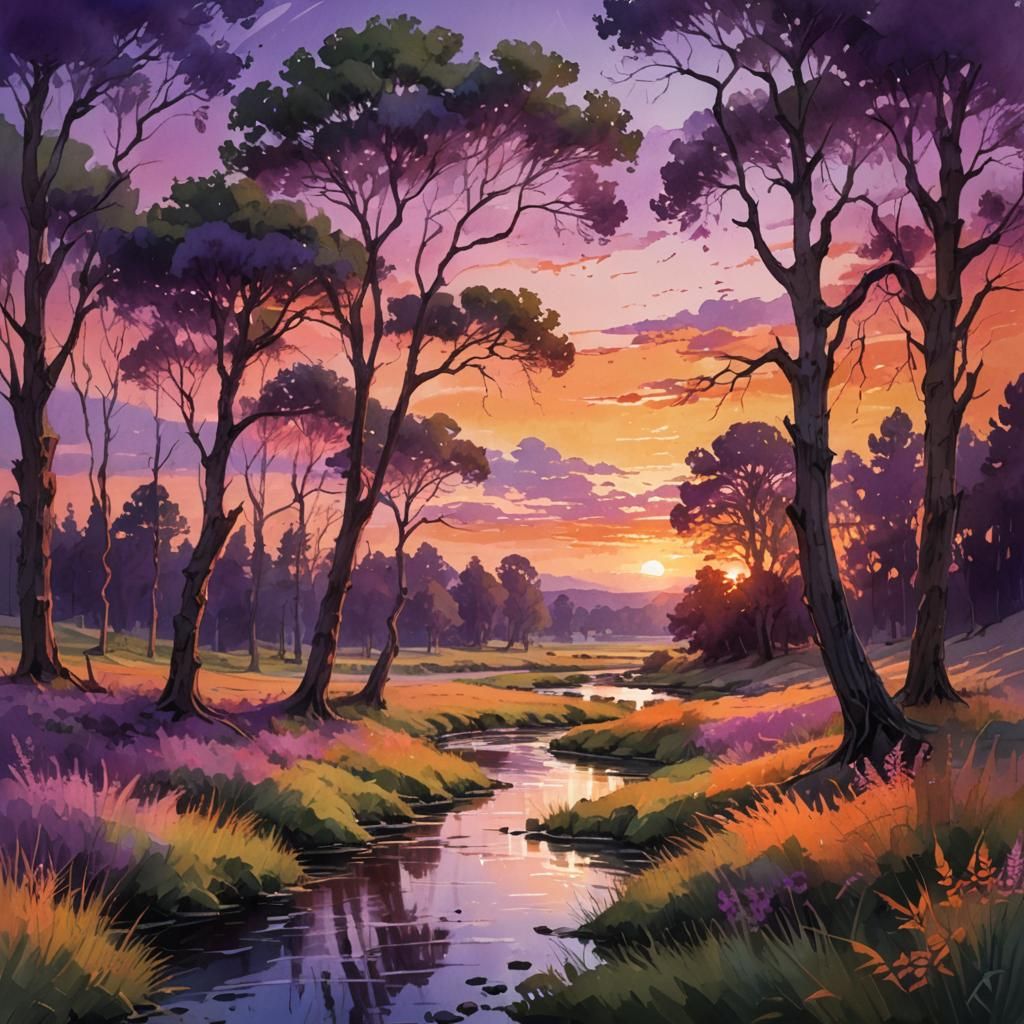 Summerscape Sunset: Digital Watercolor Illustration