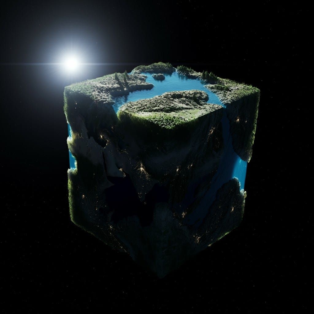 Cube World Floating in Space, Cinematic Sci-Fi
