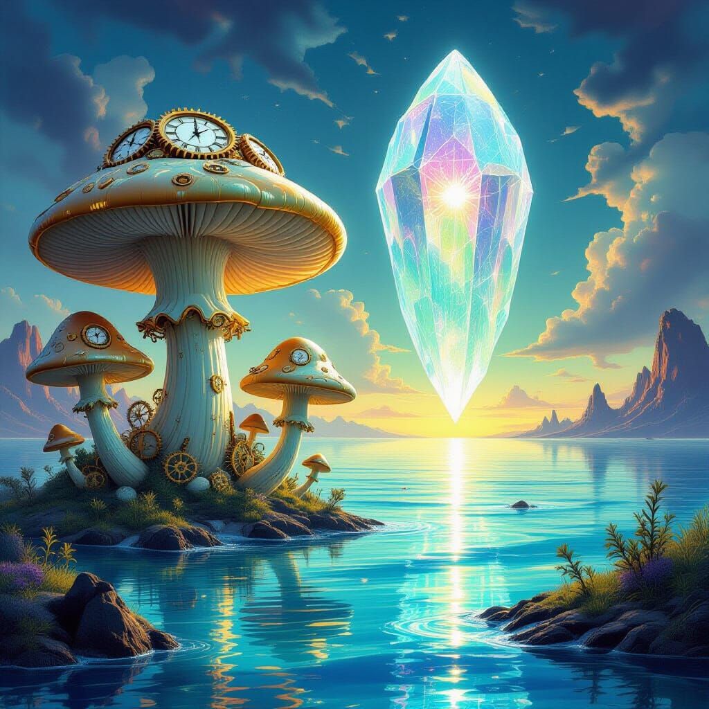 Surreal Clockwork Mushrooms in Iridescent Sea