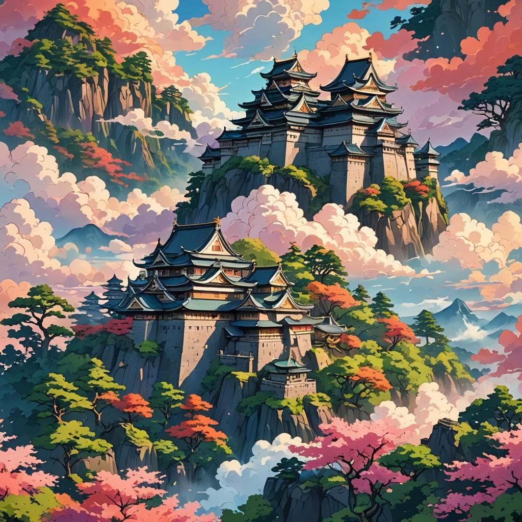 Anime Style Japanese Castle at Sunrise