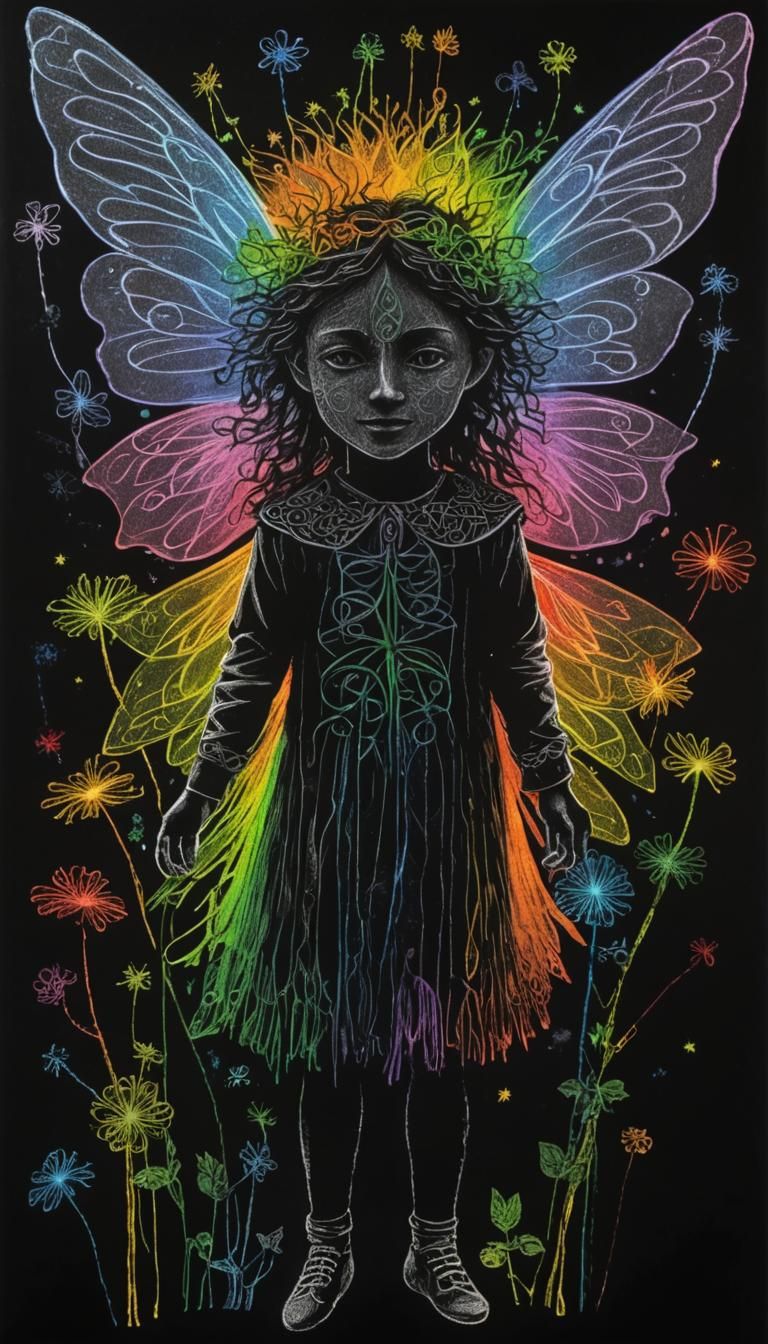 Kids Crayon drawings ,surreal  friendly celtic knotwork fairy silhouette  , child's drawing , rayograph Man Ray collecti...