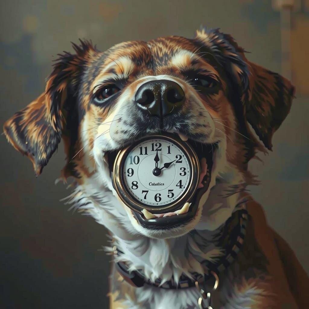 Surreal Dog with Clock, Dreamlike Art