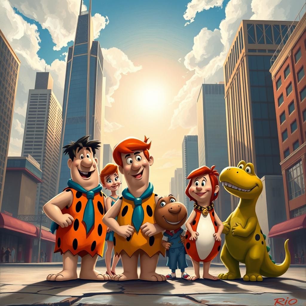 The Flintstones in a modern Movie Scene, featuring the Dino, Wilma, Fred, Pebbles, Barney and Bambam whimsical photoreal...