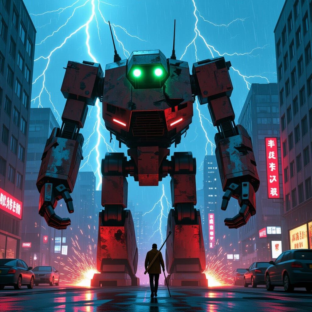 Giant Robot Walks in Stormy City, Mead Style
