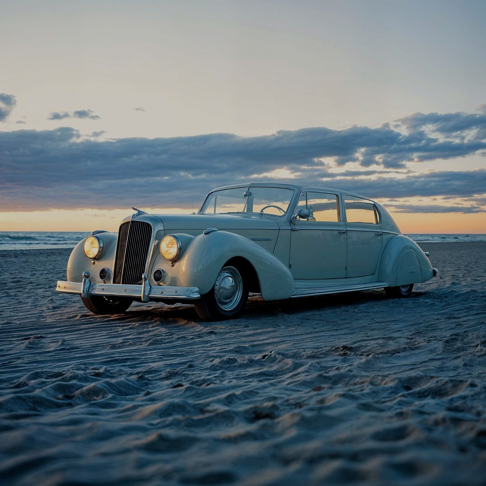 Frosted Blue Glass Limousine Sculpture on Beach at Sunset