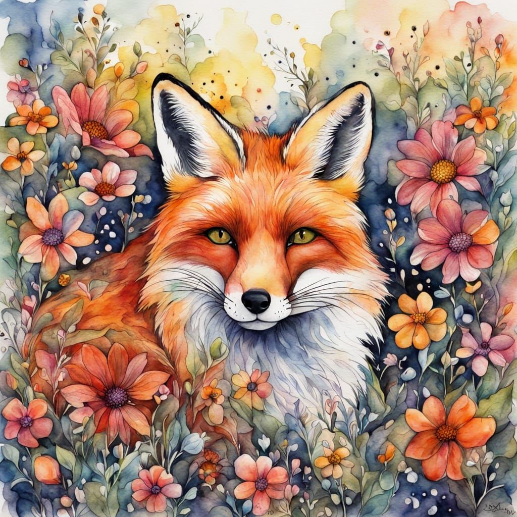 Fox in Flower Bed: Watercolor and Ink Art