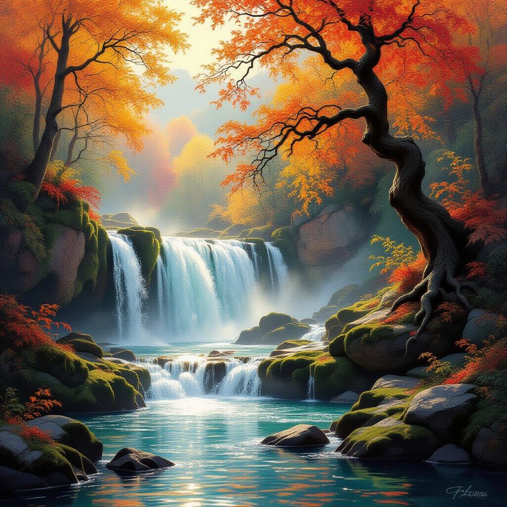 Majestic Autumn Waterfall in Romantic Landscape Style