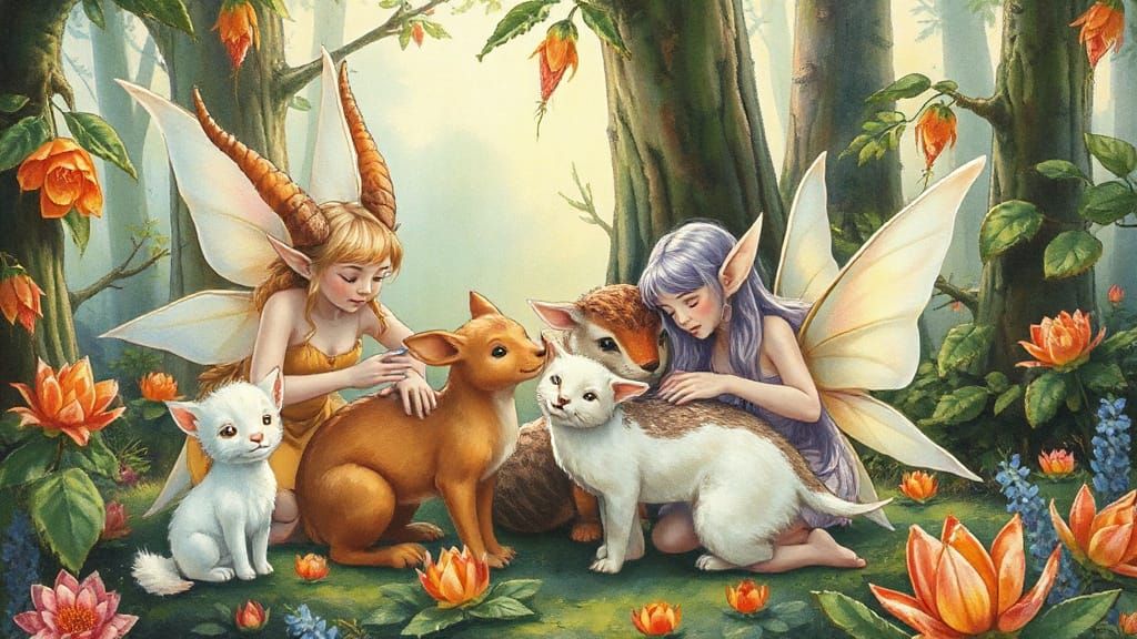 Ethereal Elves and Animals in Magical Forest Watercolor