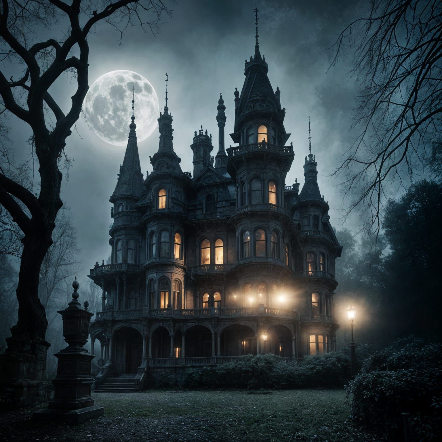 Eerie Misty Adam's Family Mansion in Gustave Doré Style