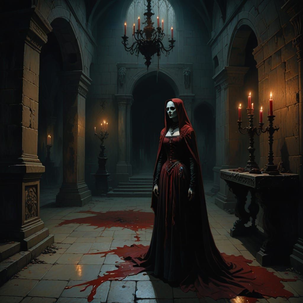 Elizabeth Bathory in Eerie Castle Chamber, Dark Fantasy Art