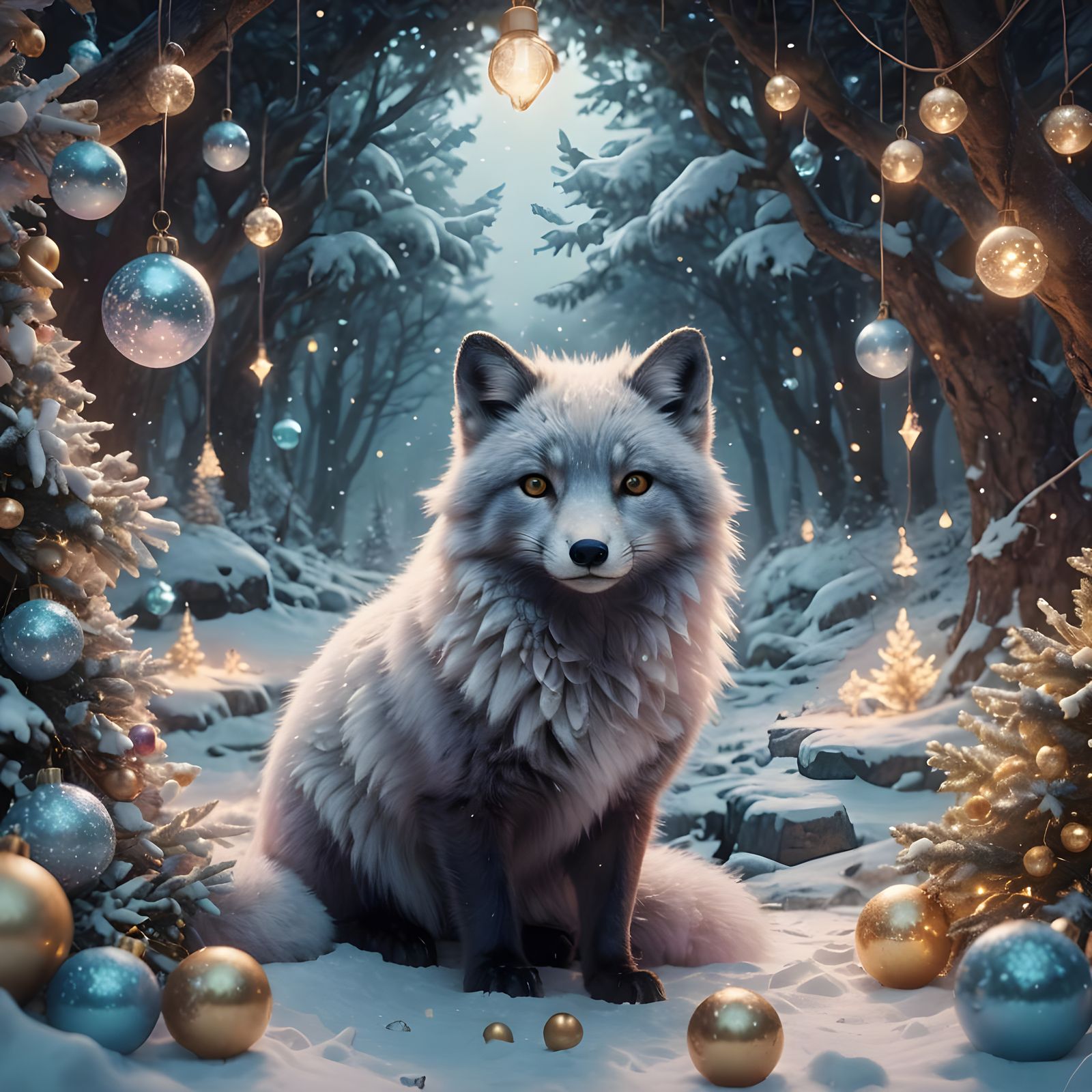 Arctic Fox Christmas Fantasy in Detailed Matte Painting