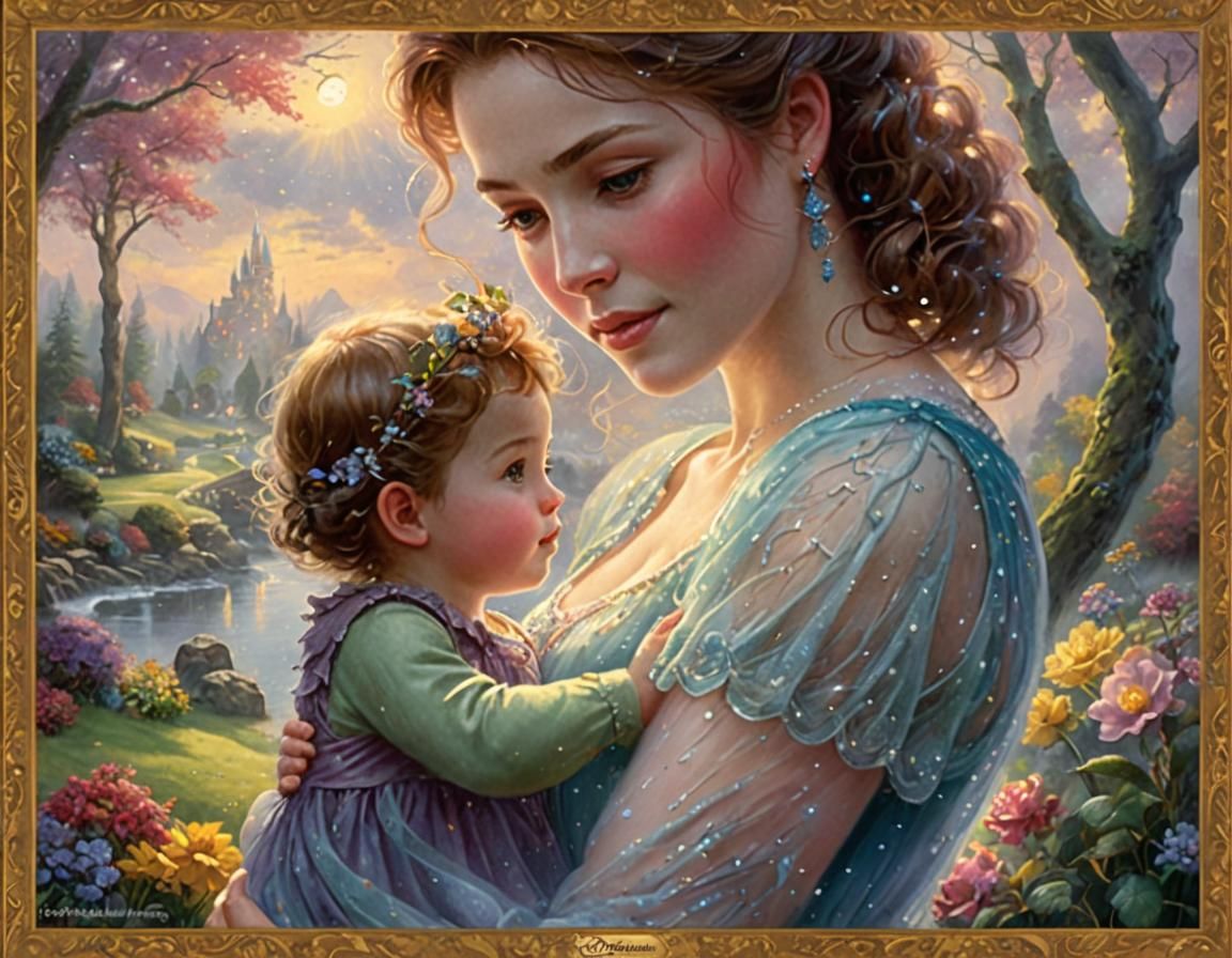 Ethereal Young Mother in a Dreamlike Landscape