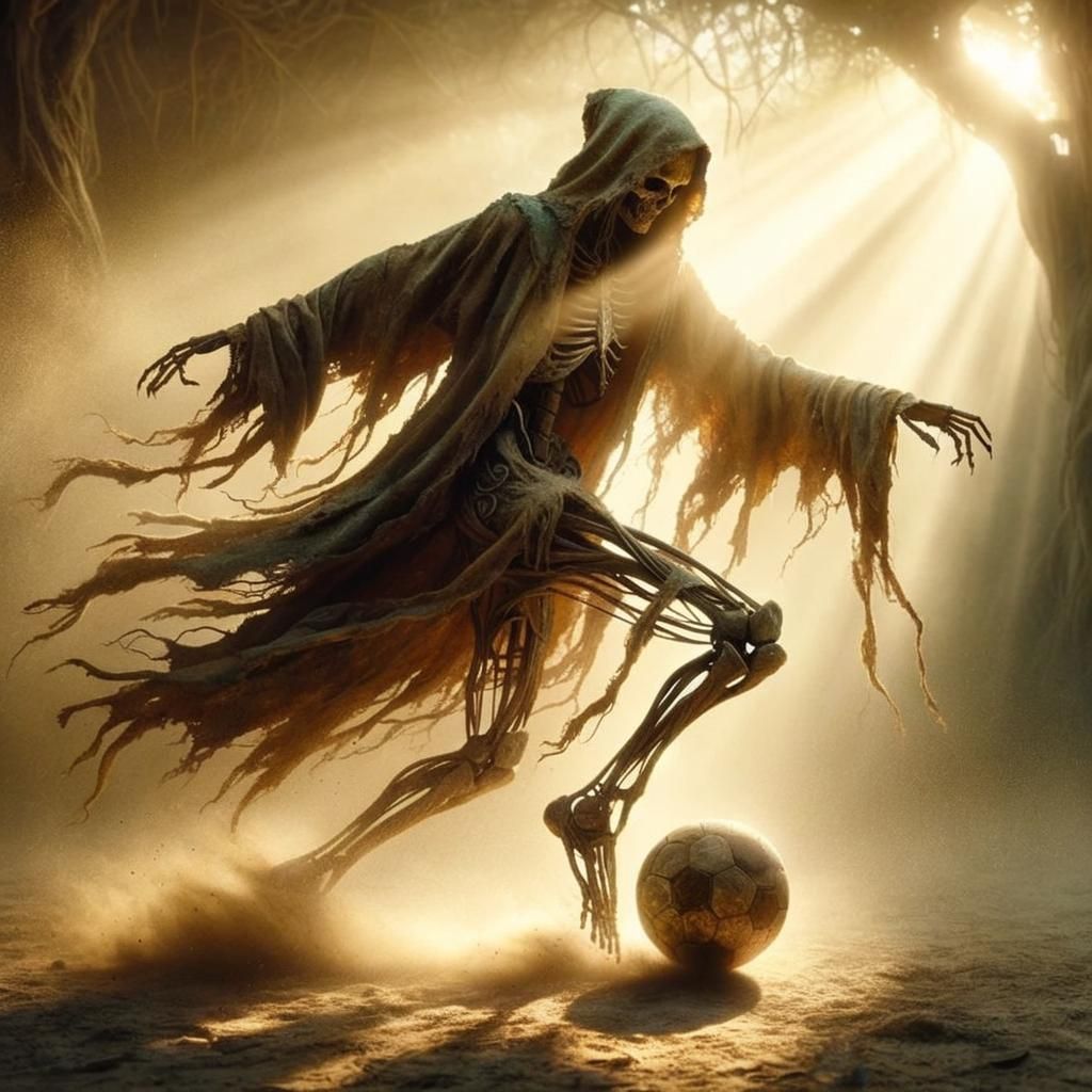 Mystical Guardian Plays Soccer in Sunlit Clearing