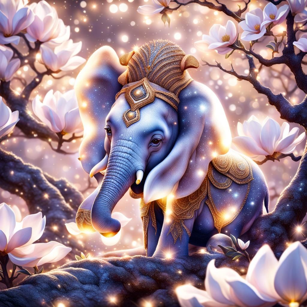 Fantasy Baby Elephant baby under a magnolia tree