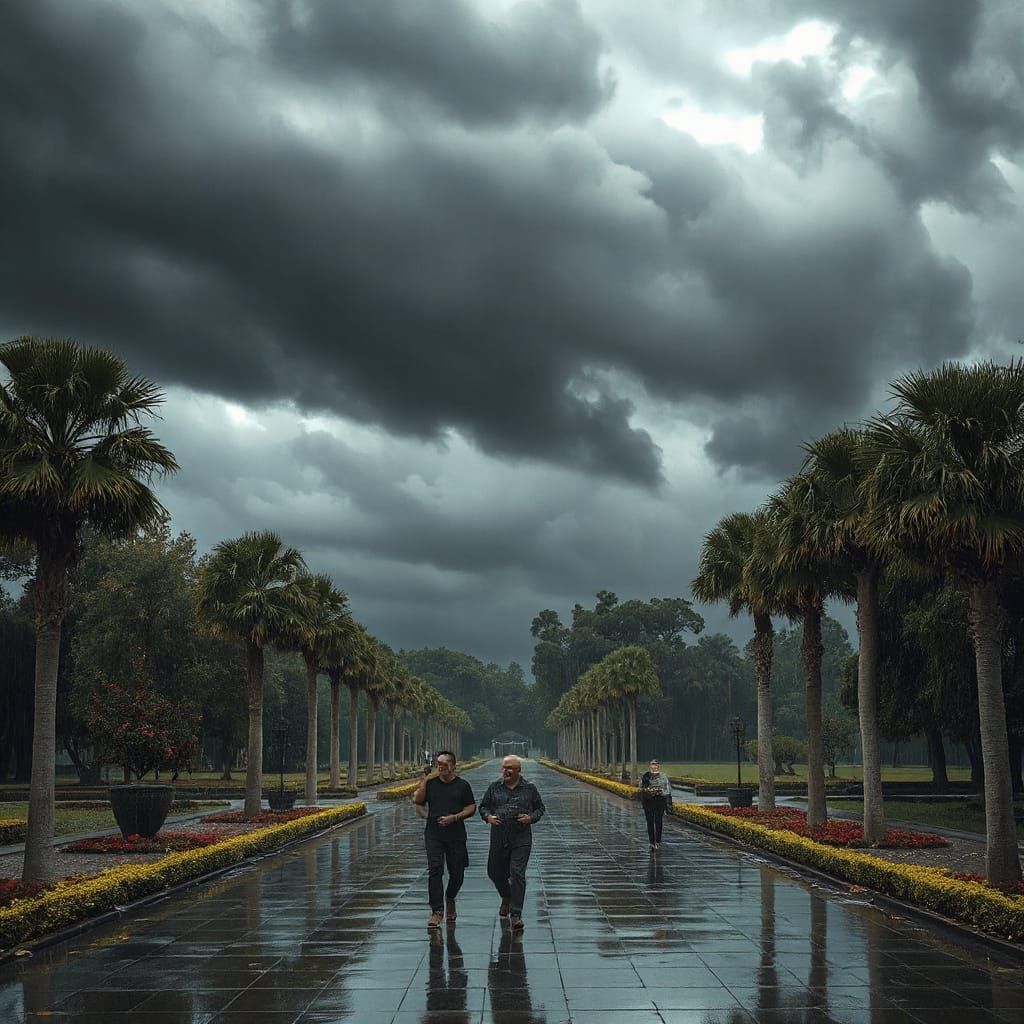 Stormy Garden with Palm Trees and Falling Rain