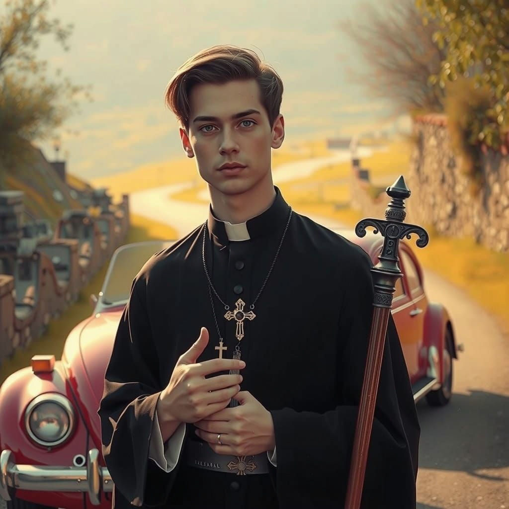 Tall Catholic Priest Standing on a Countryside Road