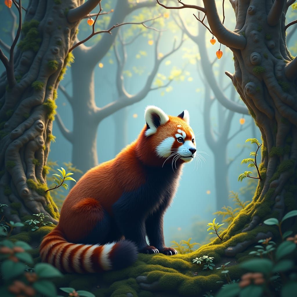 Snow Leopard and Red Panda Hybrid in Fantasy Forest