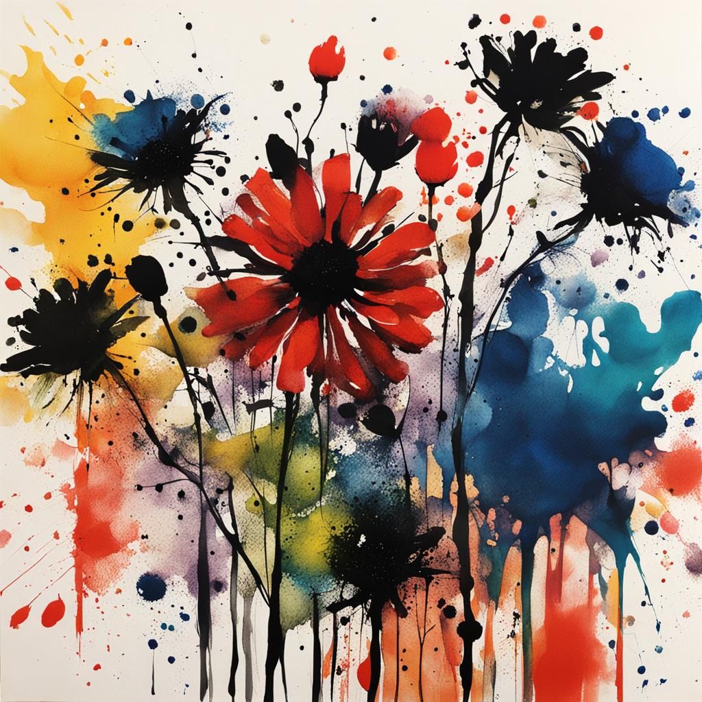 Abstract Ink Spattered Flowers in Complementary Colors